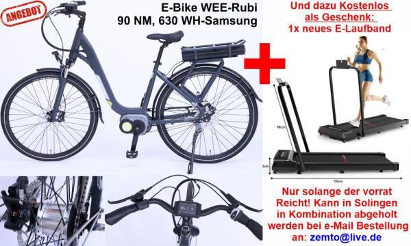 1200 €, Damen E-Bike WEE-Rubi , 28 Zoll, 7 Gang, 90 NM, 630 WH-Samsung mit E-Laufband
